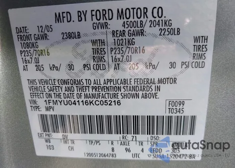 2006 Ford Escape Limited from USA, damaged, VIN 1FMYU04116KC05216